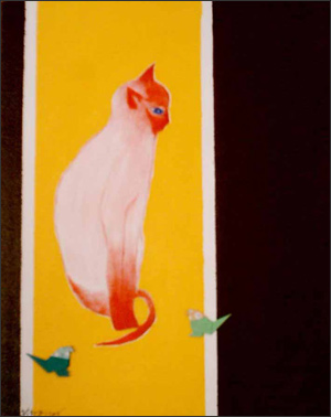 - Red cat with birds - Acrylic & Origami - Won-ju Hulse